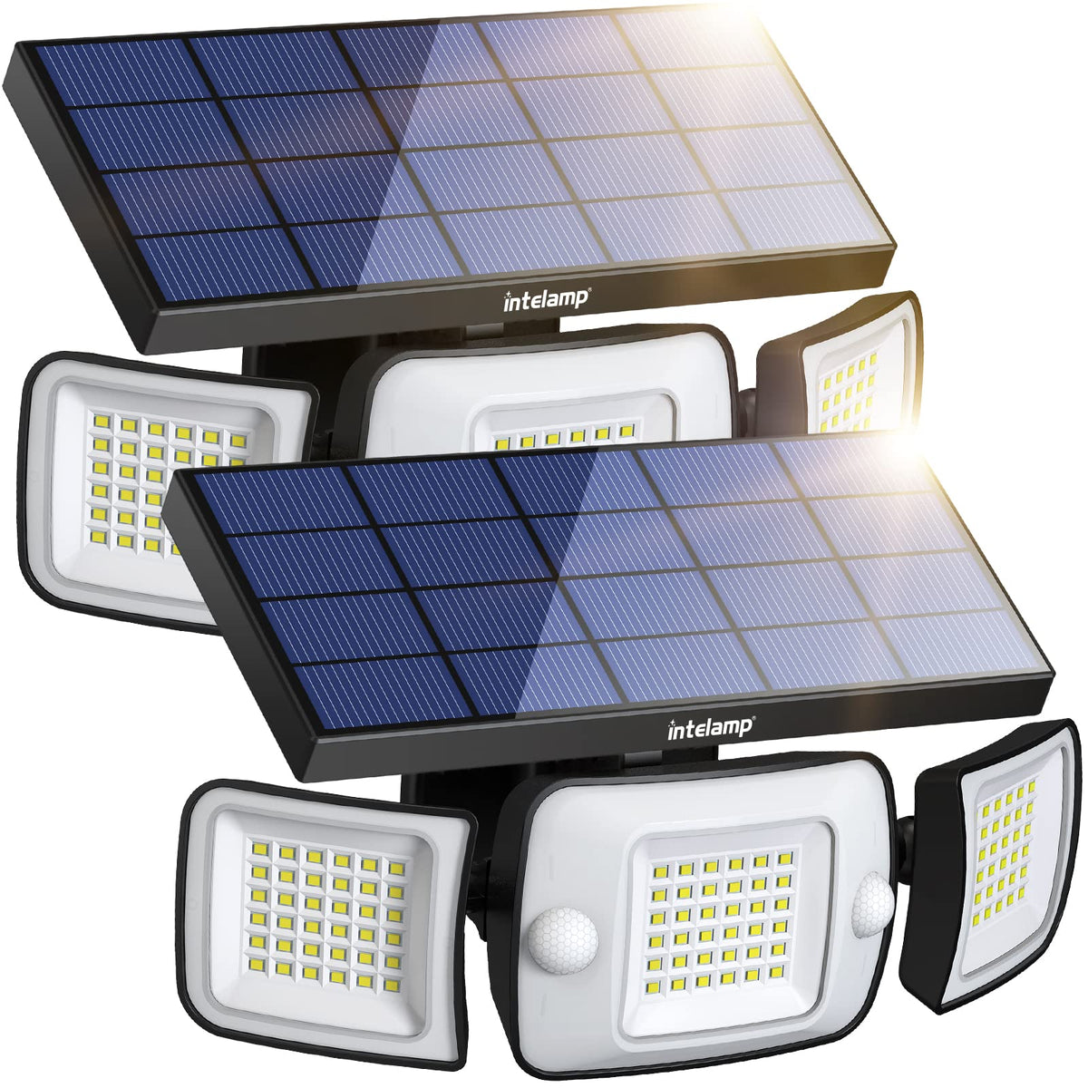 Intelamp solar outdoor lights with 270° wide-angle coverage for driveway illumination.