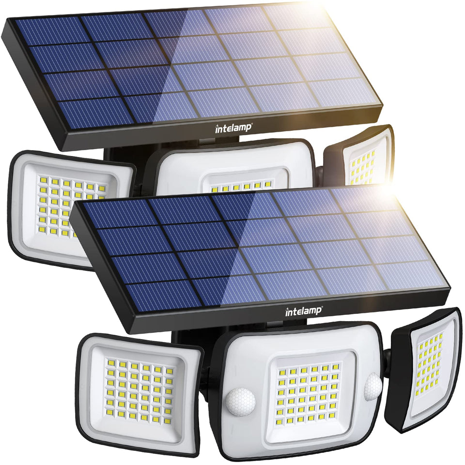 Intelamp solar outdoor lights with 270° wide-angle coverage for driveway illumination.