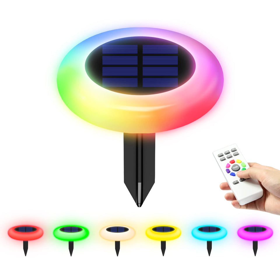 Intelamp solar pathway light showing color-changing mode for vibrant walkway