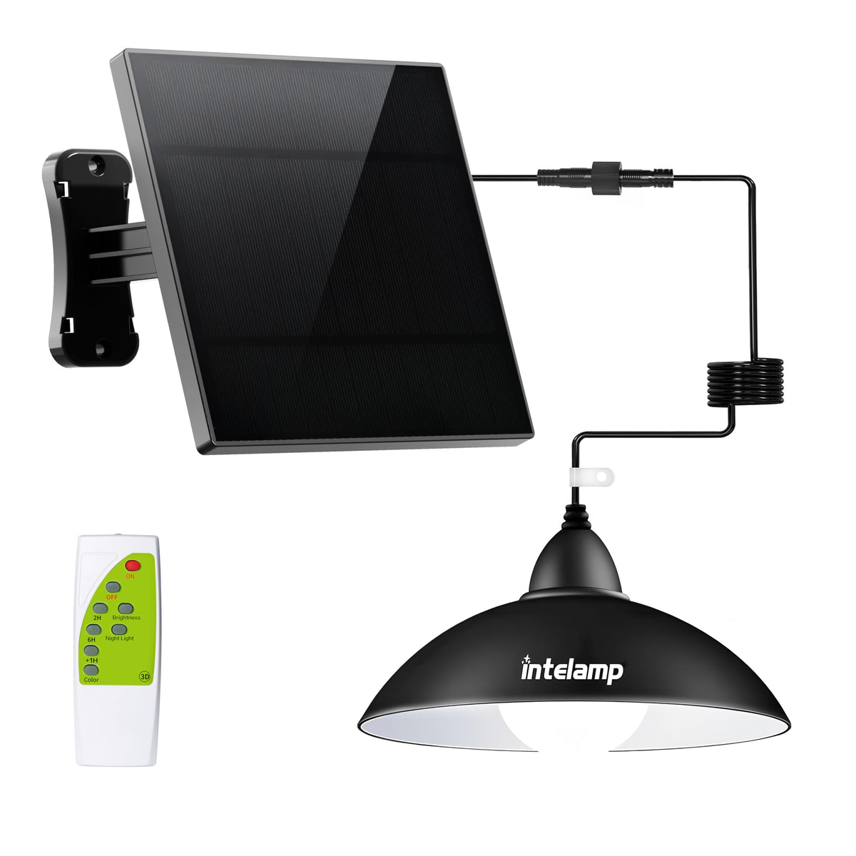 Intelamp solar pendant light with remote control for easy outdoor lighting.