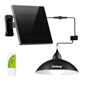Intelamp solar pendant light with remote control for easy outdoor lighting.