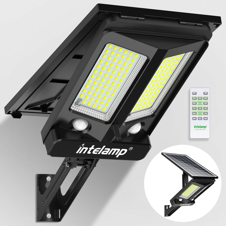 Intelamp solar street light outdoor showing wide-area illumination suitable for parking lots