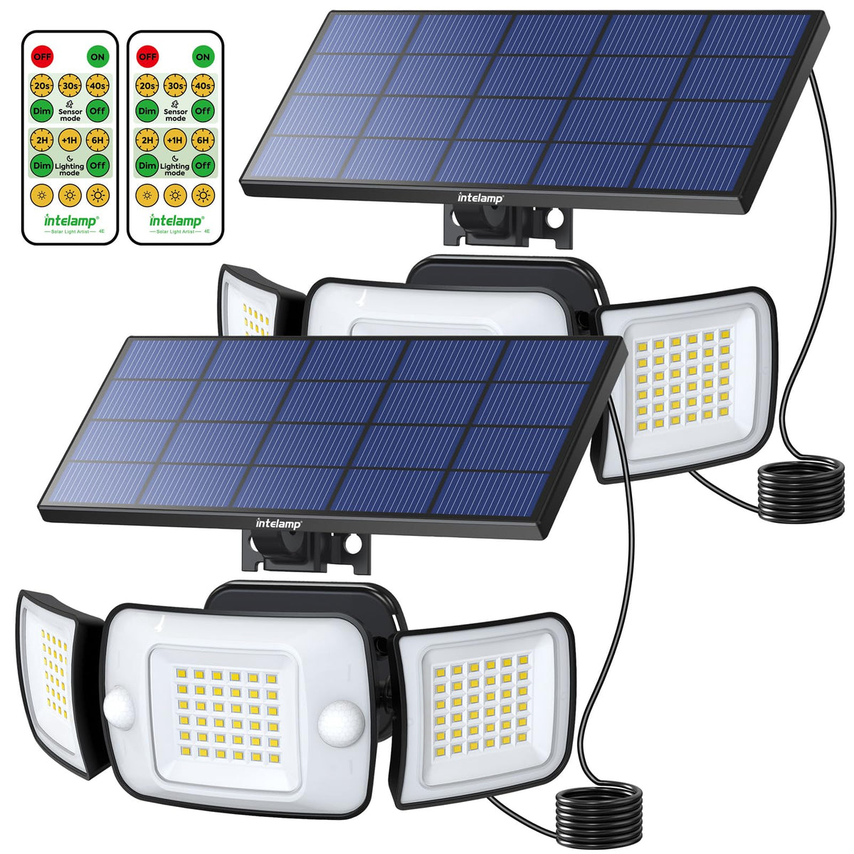 Intelamp three-head solar flood light for outdoor security and wide area lighting.