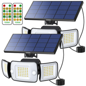 Intelamp three-head solar flood light for outdoor security and wide area lighting.