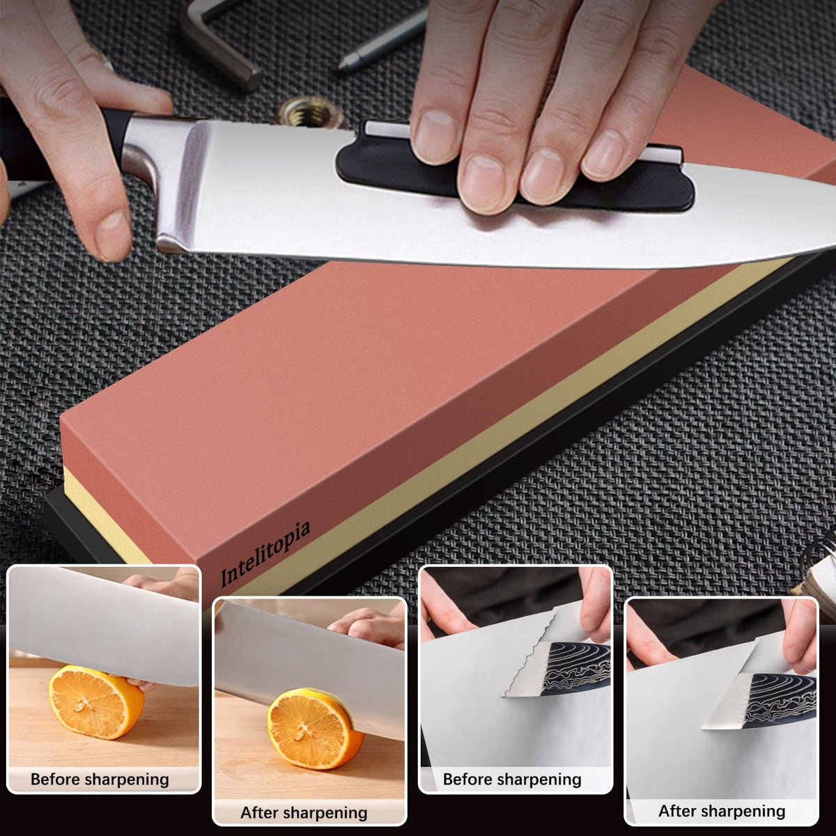 Intelitopia bamboo base provides stable, non-slip support during sharpening.