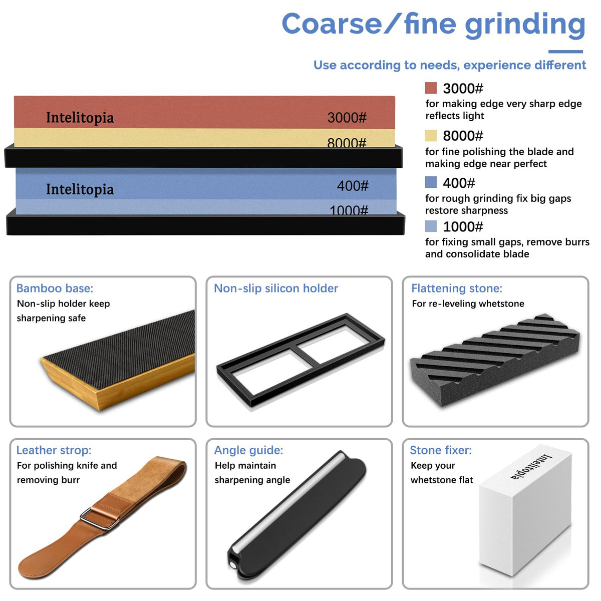 Intelitopia dual 3000/8000 grit whetstone for fine polish and razor-sharp finish.
