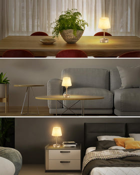 INTELIVE compact gold base with linen shade adds elegant seating area lighting.