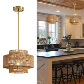 InterMaka boho rattan chandelier with drum shade for warm ambient lighting.