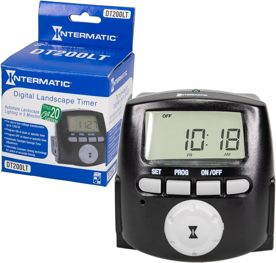 Intermatic DT200LT front view, compact timer for outdoor lighting control.
