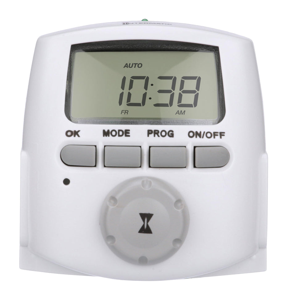 Intermatic DT620 front view timer showing two grounded outlets for dual device control