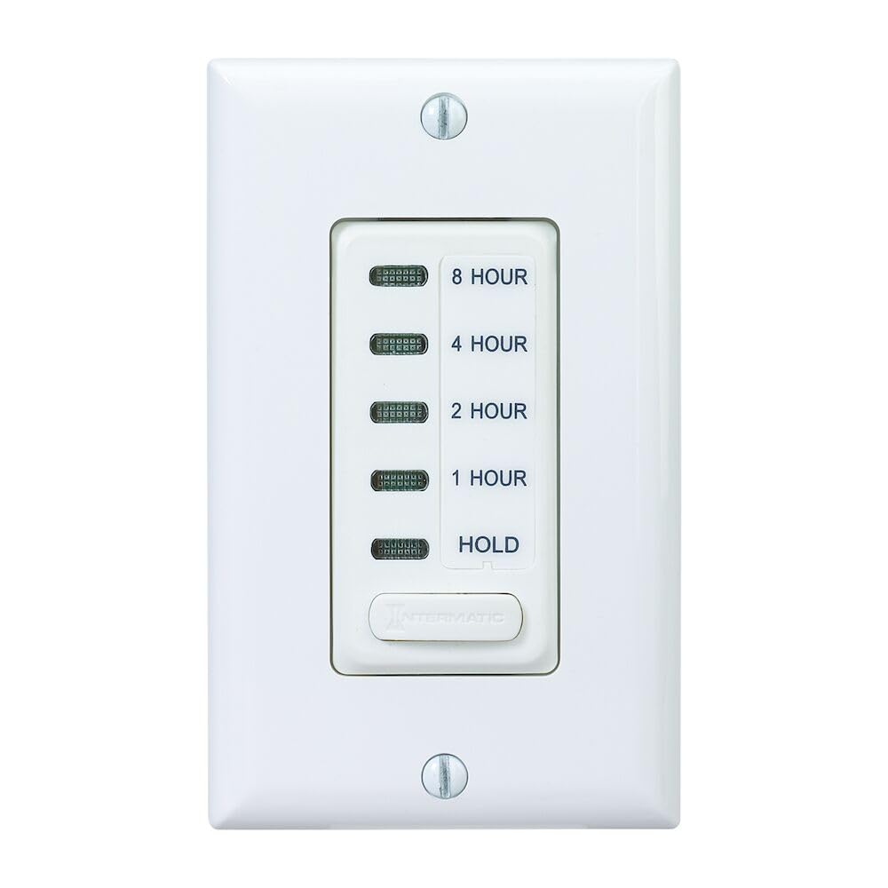 Intermatic EI220W timer front view showing simple scheduling for whole-house fan control.