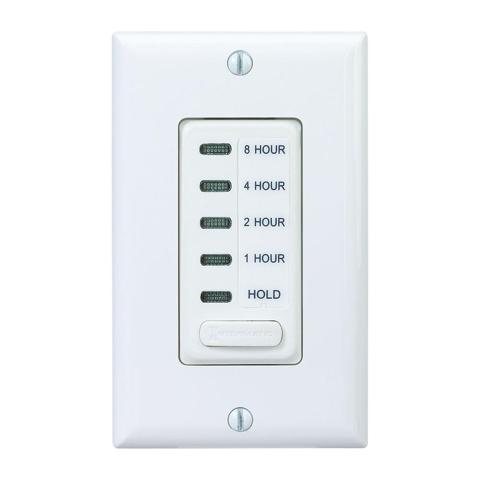 Intermatic EI220W timer front view showing simple scheduling for whole-house fan control.