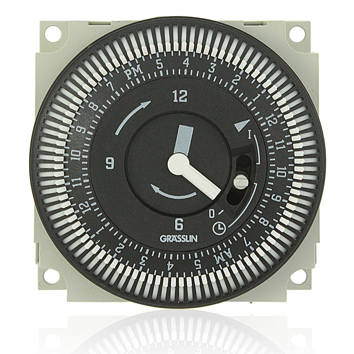 Intermatic Grasslin FM/1 timer front view with manual override for daily lighting control.