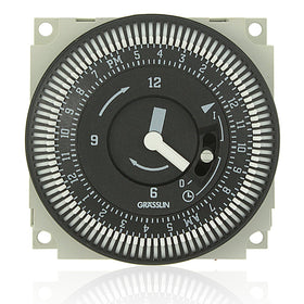 Intermatic Grasslin FM/1 timer front view with manual override for daily lighting control.
