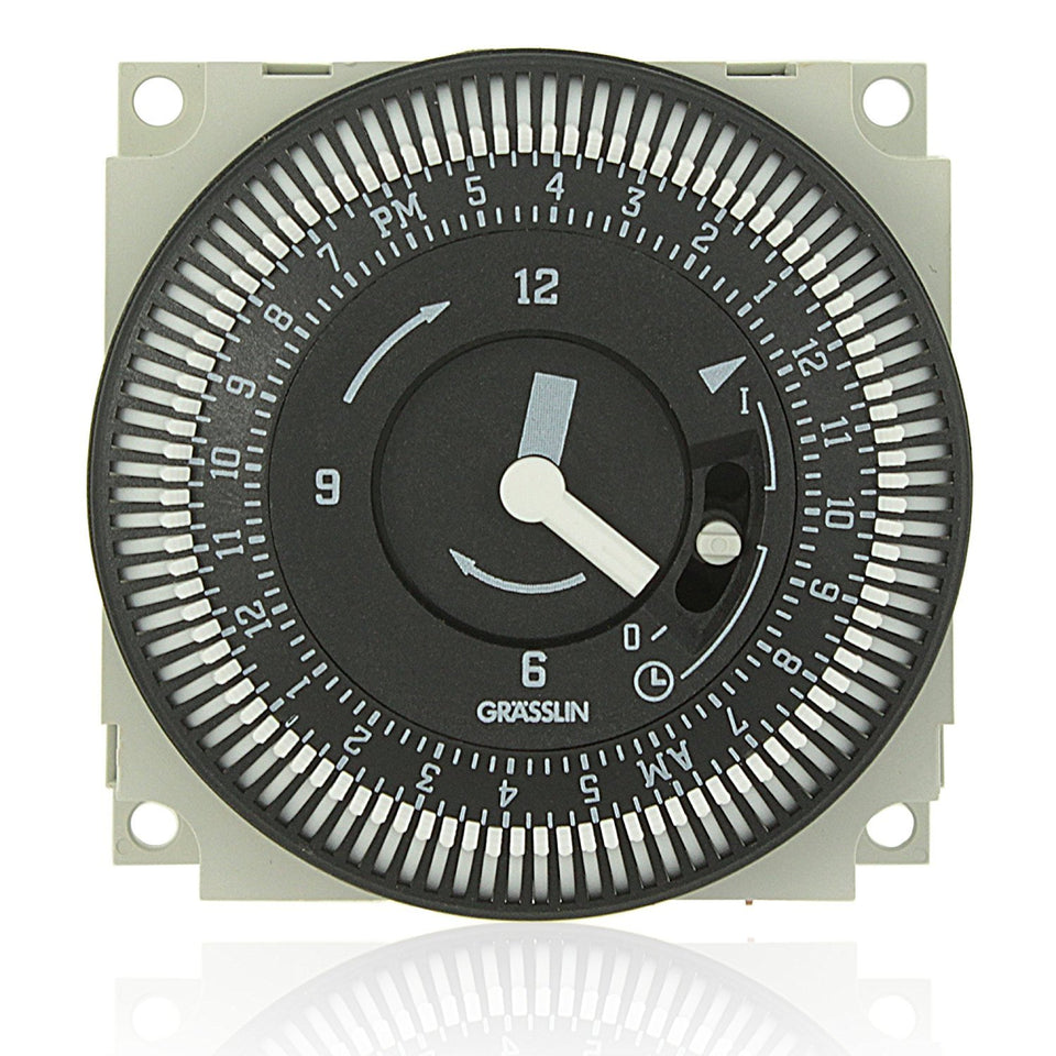 Intermatic Grasslin FM/1 timer front view with manual override for daily lighting control.
