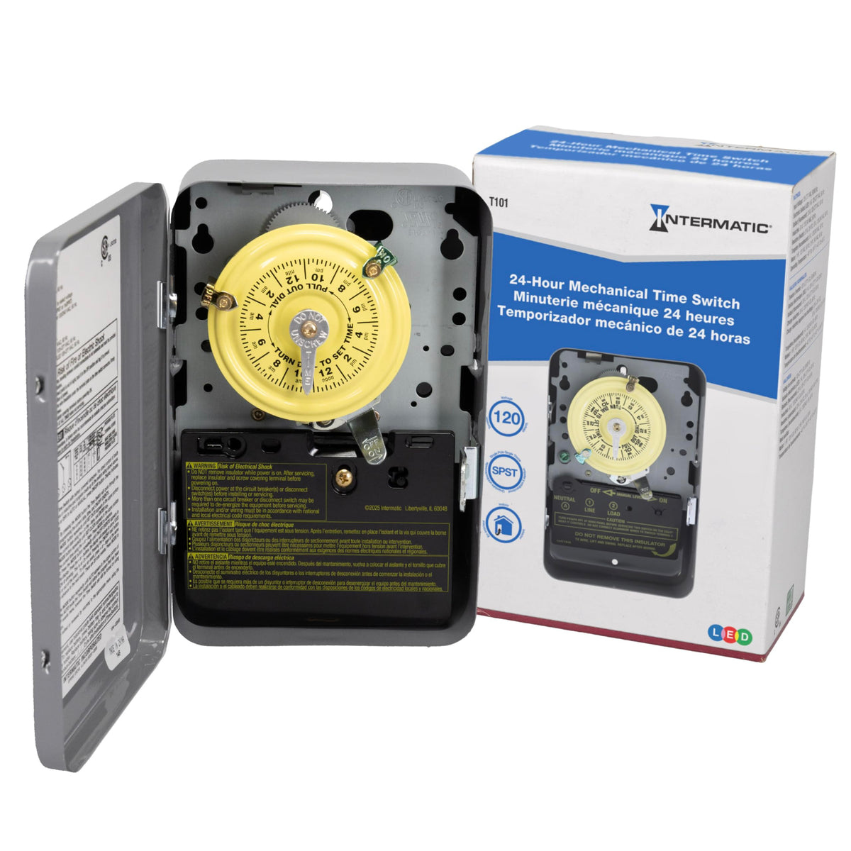 Intermatic T101 24-hour timer in sturdy indoor steel housing for precise 40A lighting schedules.