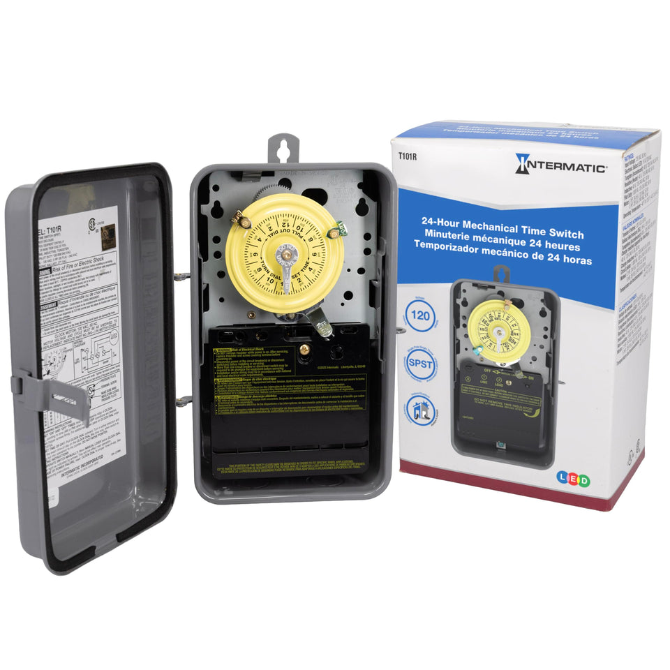 Intermatic T101R timer switch enabling 24-hour scheduling for lights, pumps, and fans