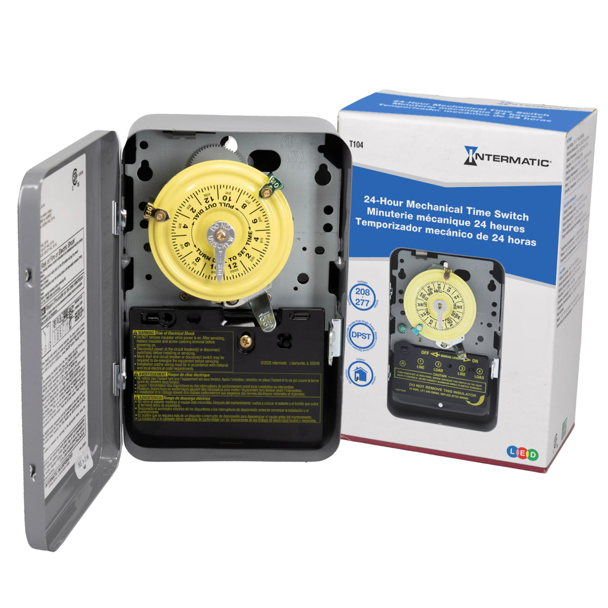 Intermatic T104 timer switch on a metal enclosure enables precise daily on/off control for lights and HVAC.