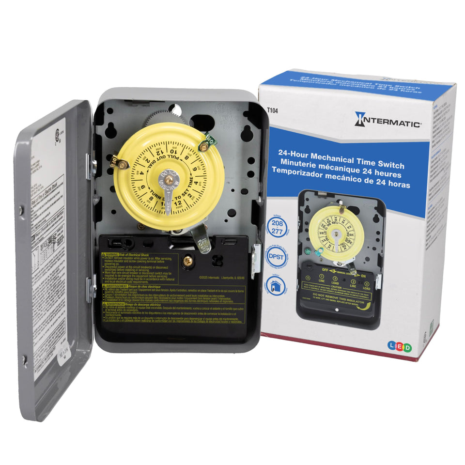 Intermatic T104 timer switch on a metal enclosure enables precise daily on/off control for lights and HVAC.