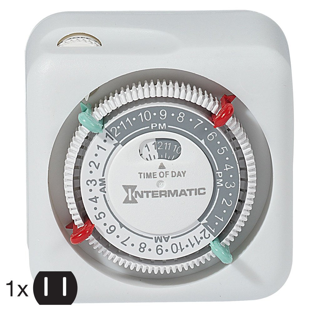 Intermatic TN111K in use with a lamp illustrates 24-hour scheduling