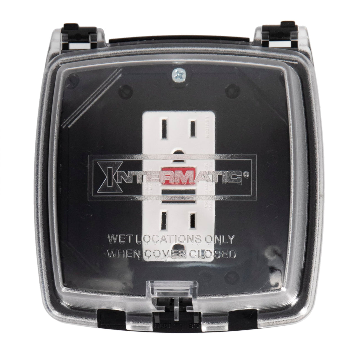 Intermatic WP1020C weatherproof cover protects outdoor outlets on a 4x4 box