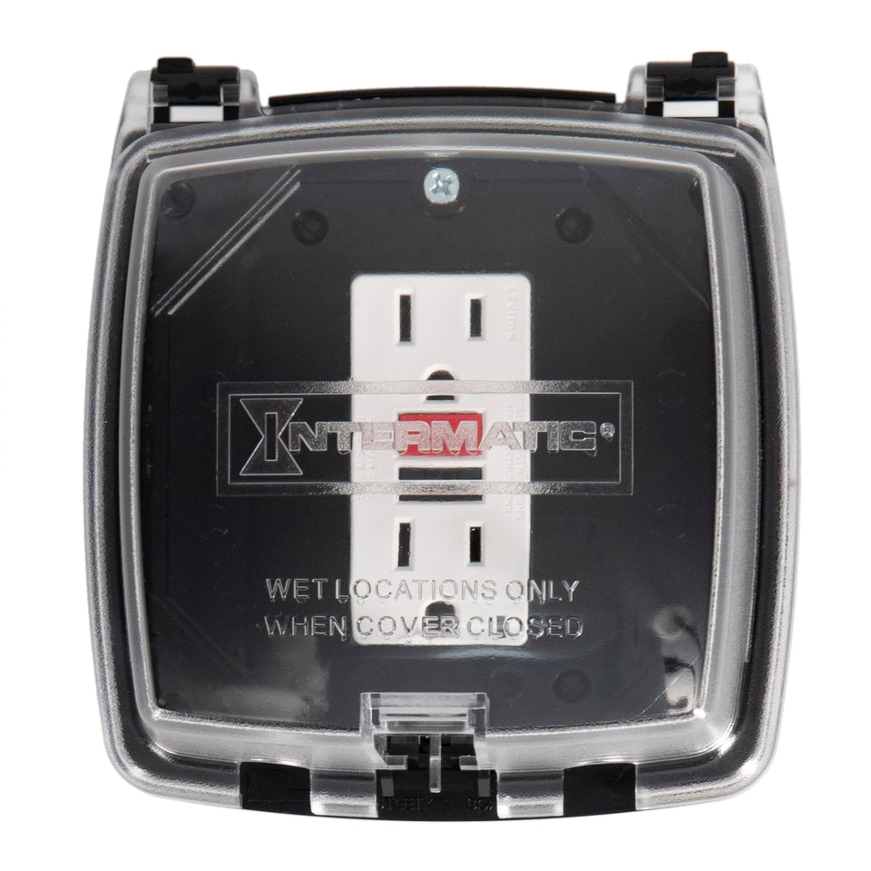 Intermatic WP1020C weatherproof cover protects outdoor outlets on a 4x4 box