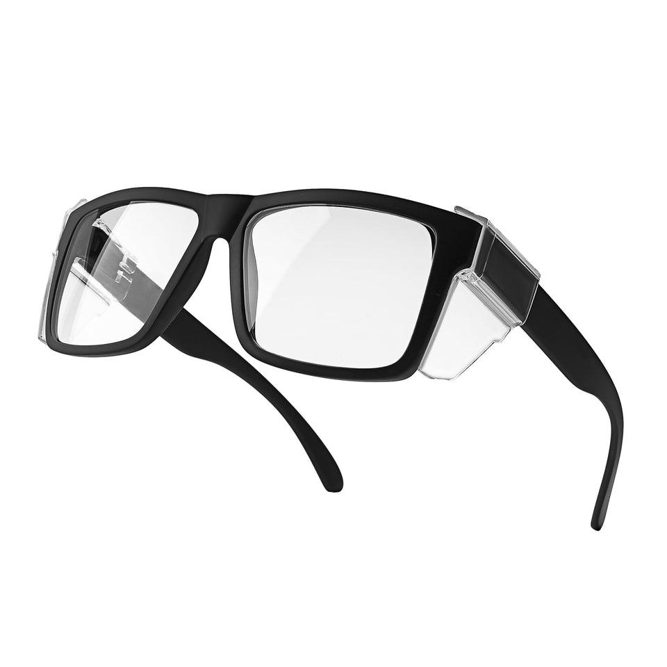 INTETEK heavy-duty Z87 safety glasses front view showing wraparound protection and matte black finish