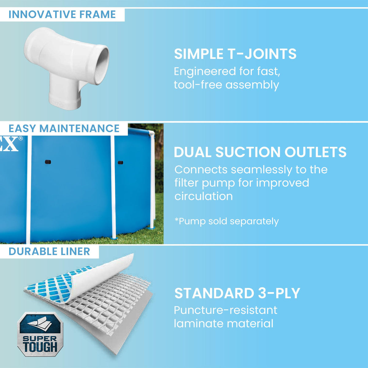 Intex 28200EP 3-ply laminated PVC for rugged summer use.