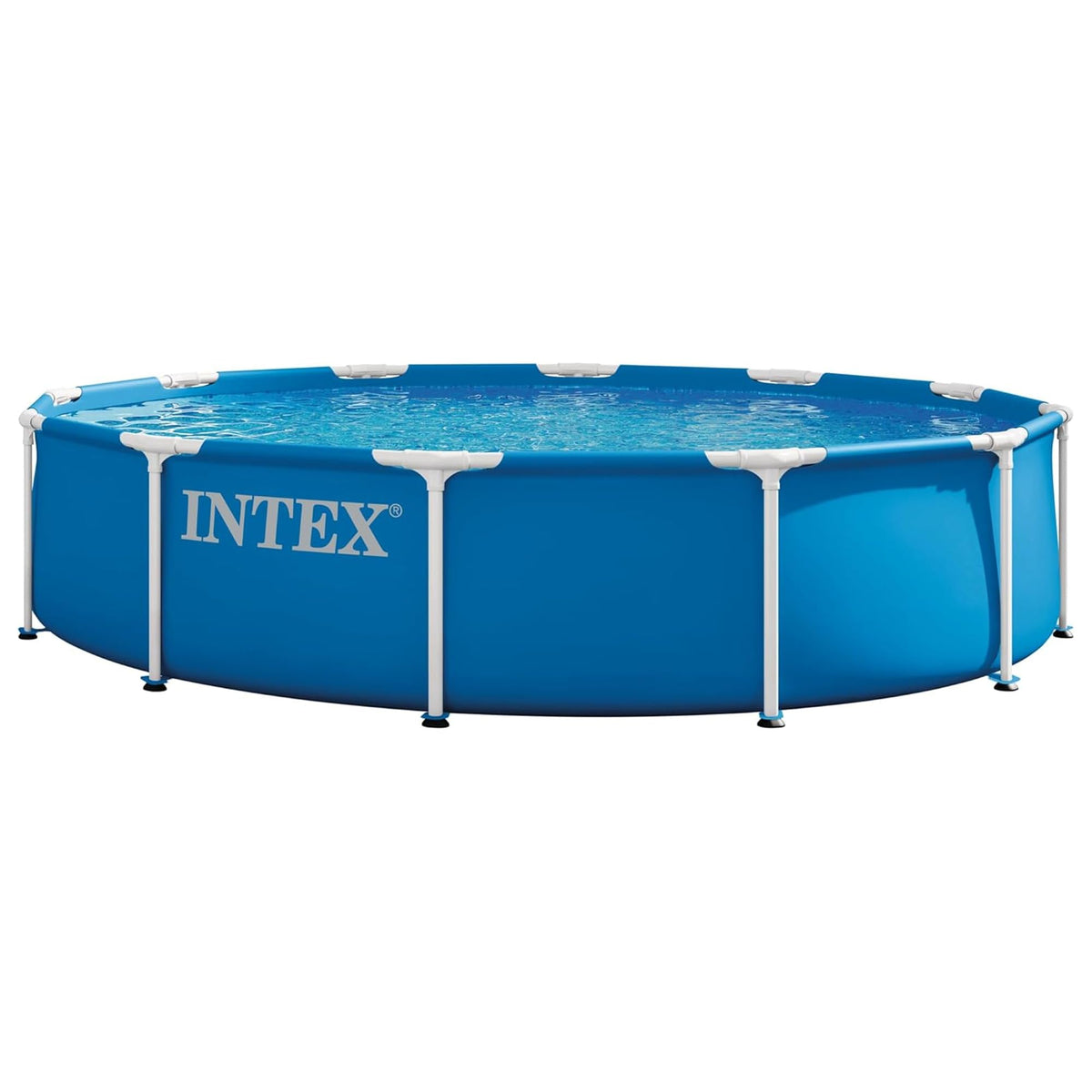 Intex metal-frame pool assembly on level ground enables quick setup.