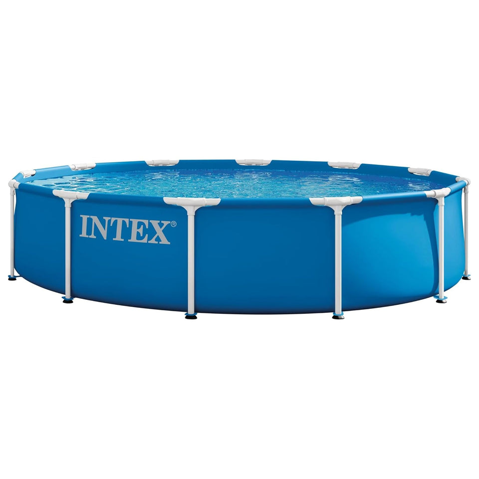 Intex metal-frame pool assembly on level ground enables quick setup.