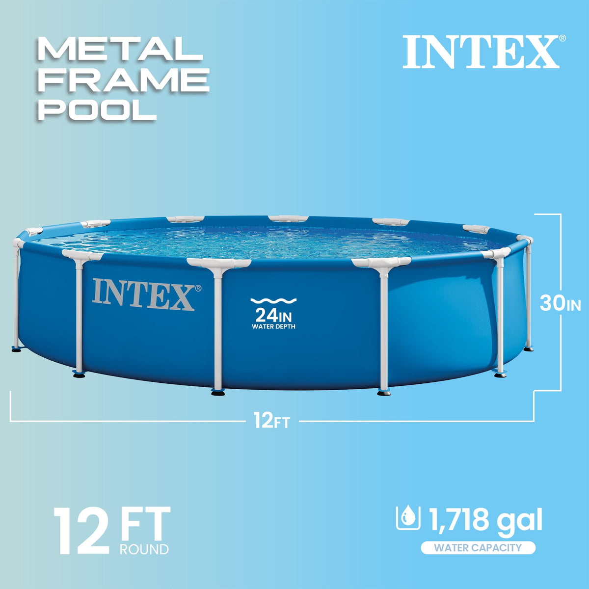 Intex metal-frame pool steel frame provides sturdy support for summer swimming.