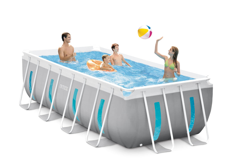 Intex Prism Frame Clearview pool with vertical windows offering underwater views.
