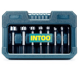 INTOO hex shank forstner bit set packaging shows the complete 8pc kit for woodworking