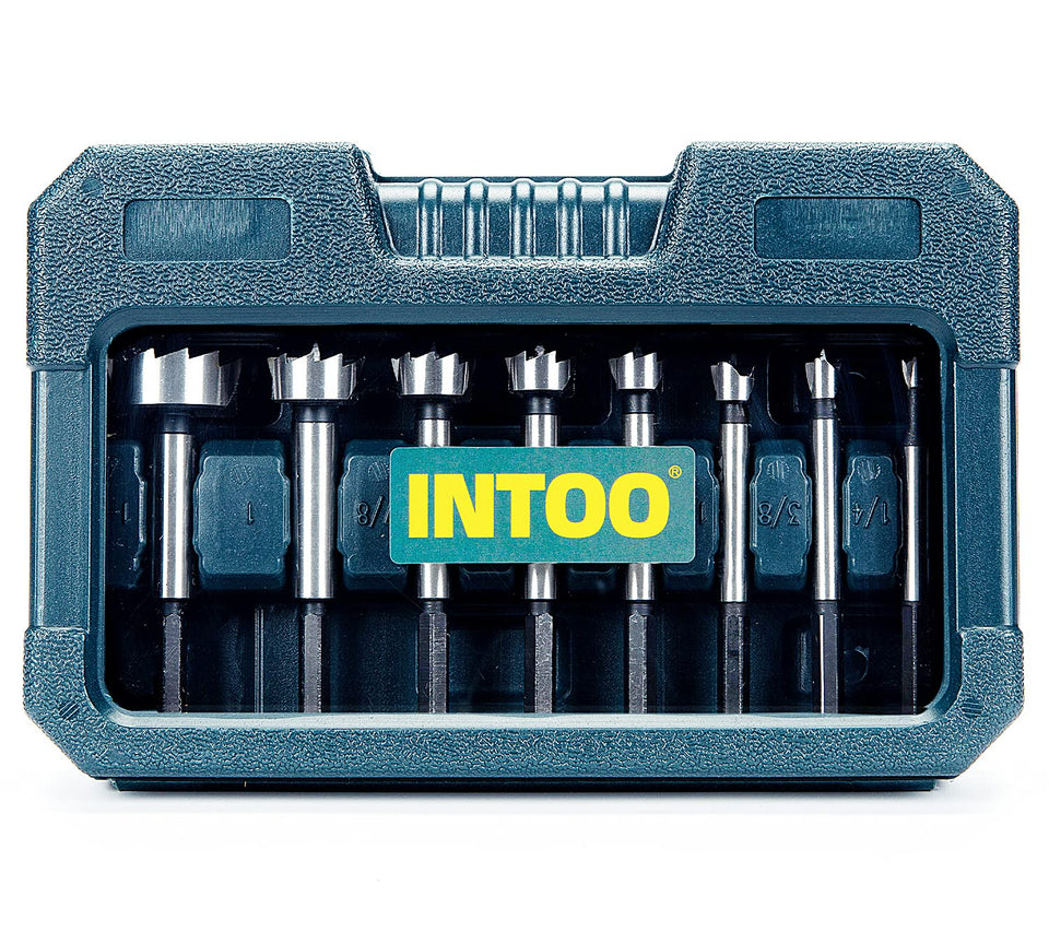 INTOO hex shank forstner bit set packaging shows the complete 8pc kit for woodworking