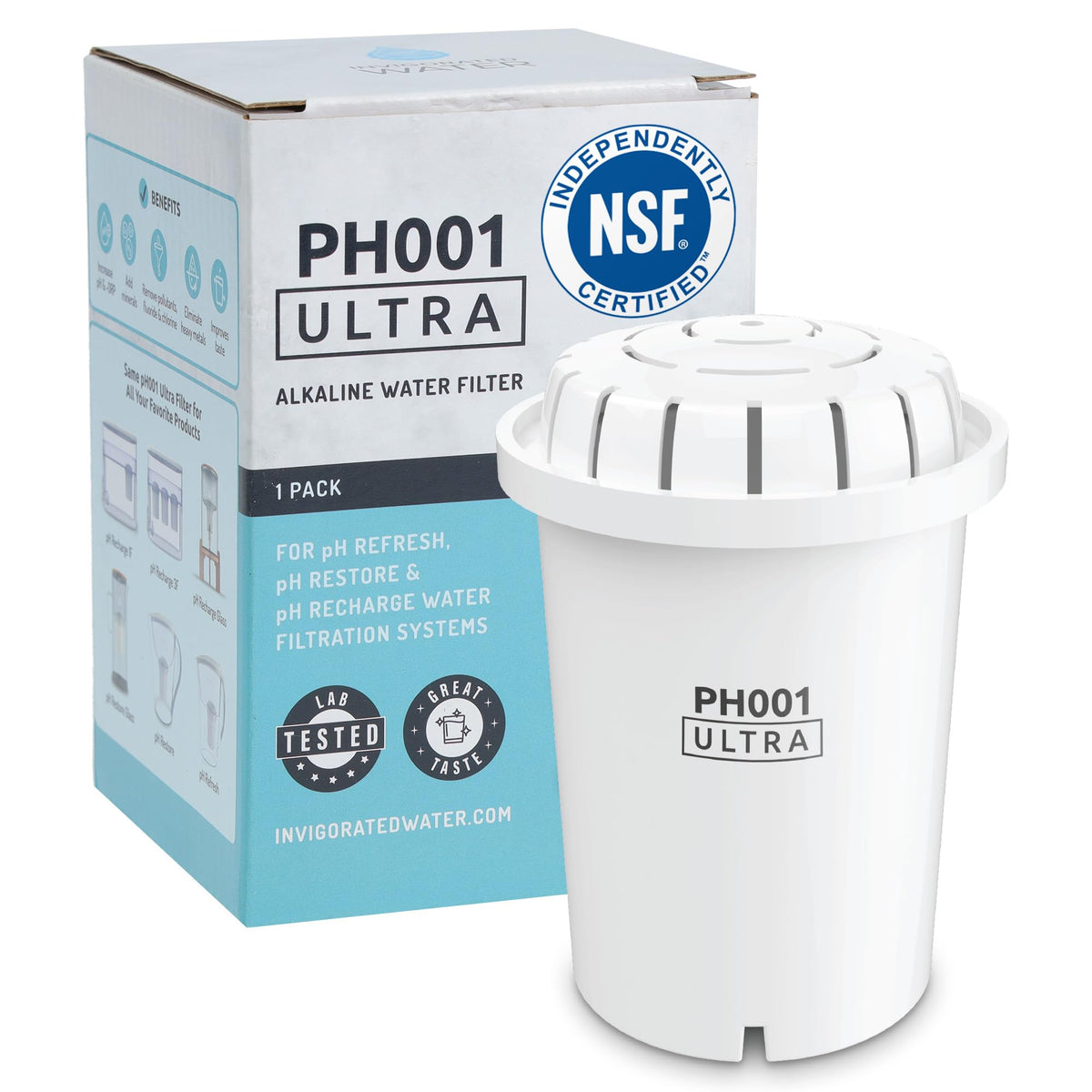 Invigorated Water PH001 filter cartridge closeup showing multi-layer filtration for clean taste.