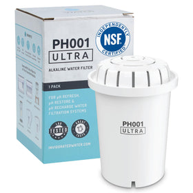 Invigorated Water PH001 filter cartridge closeup showing multi-layer filtration for clean taste.