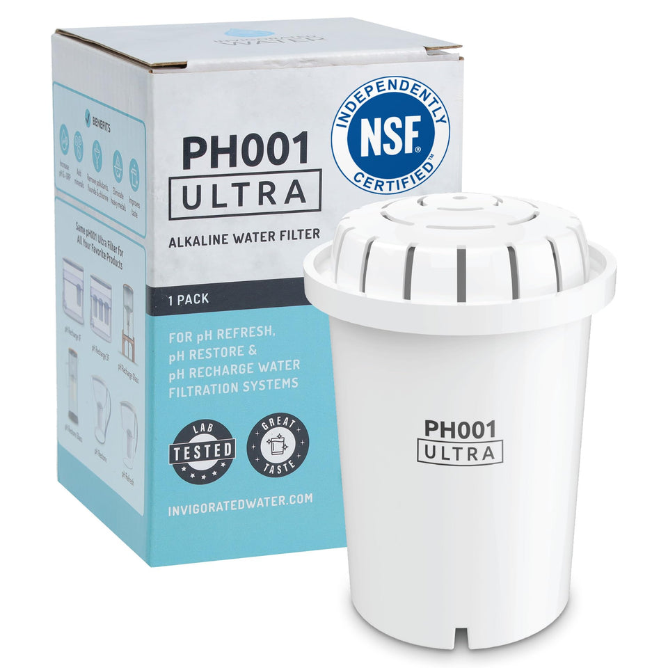 Invigorated Water PH001 filter cartridge closeup showing multi-layer filtration for clean taste.
