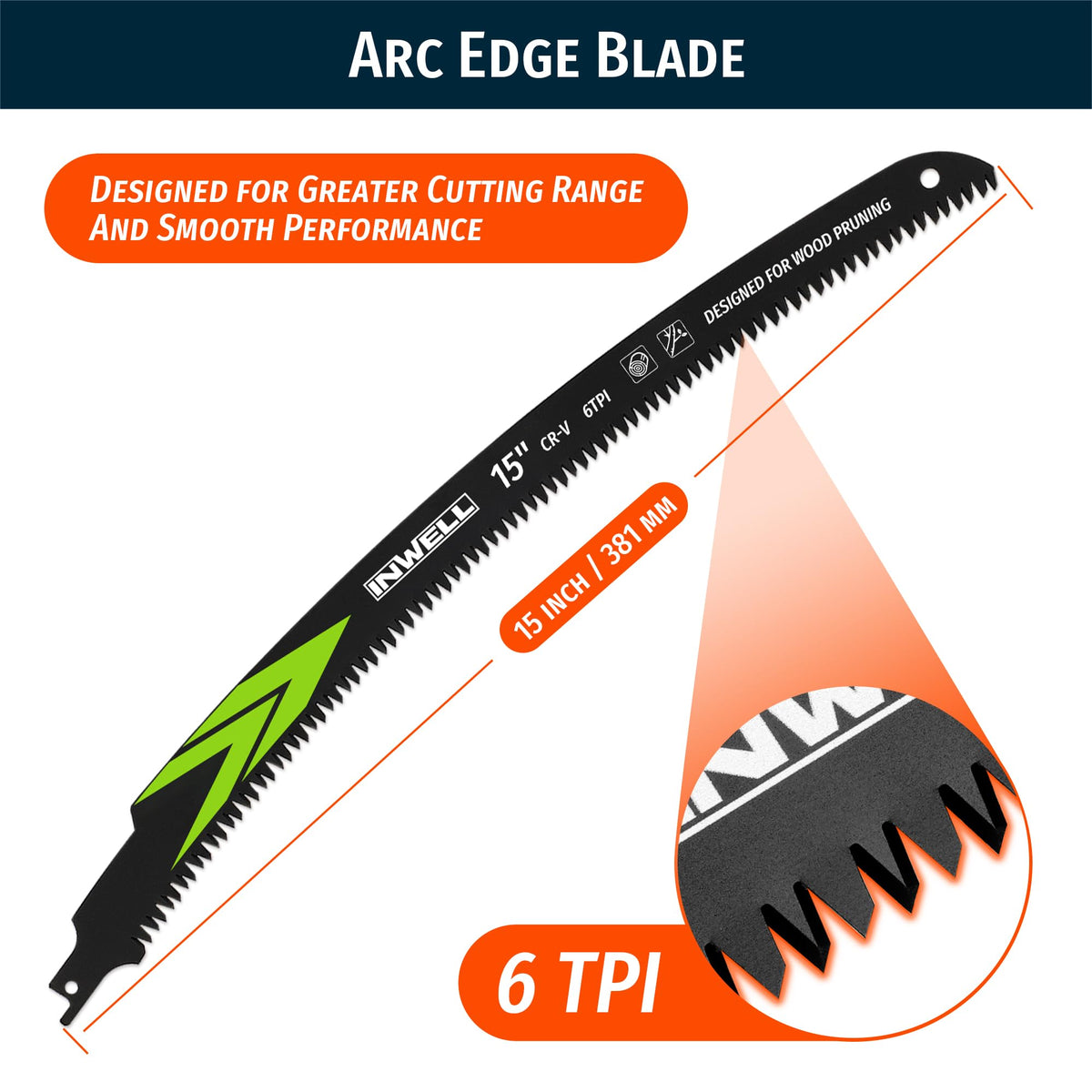 Inwell extra-long arc-edge blade for deep cuts in thick branches.