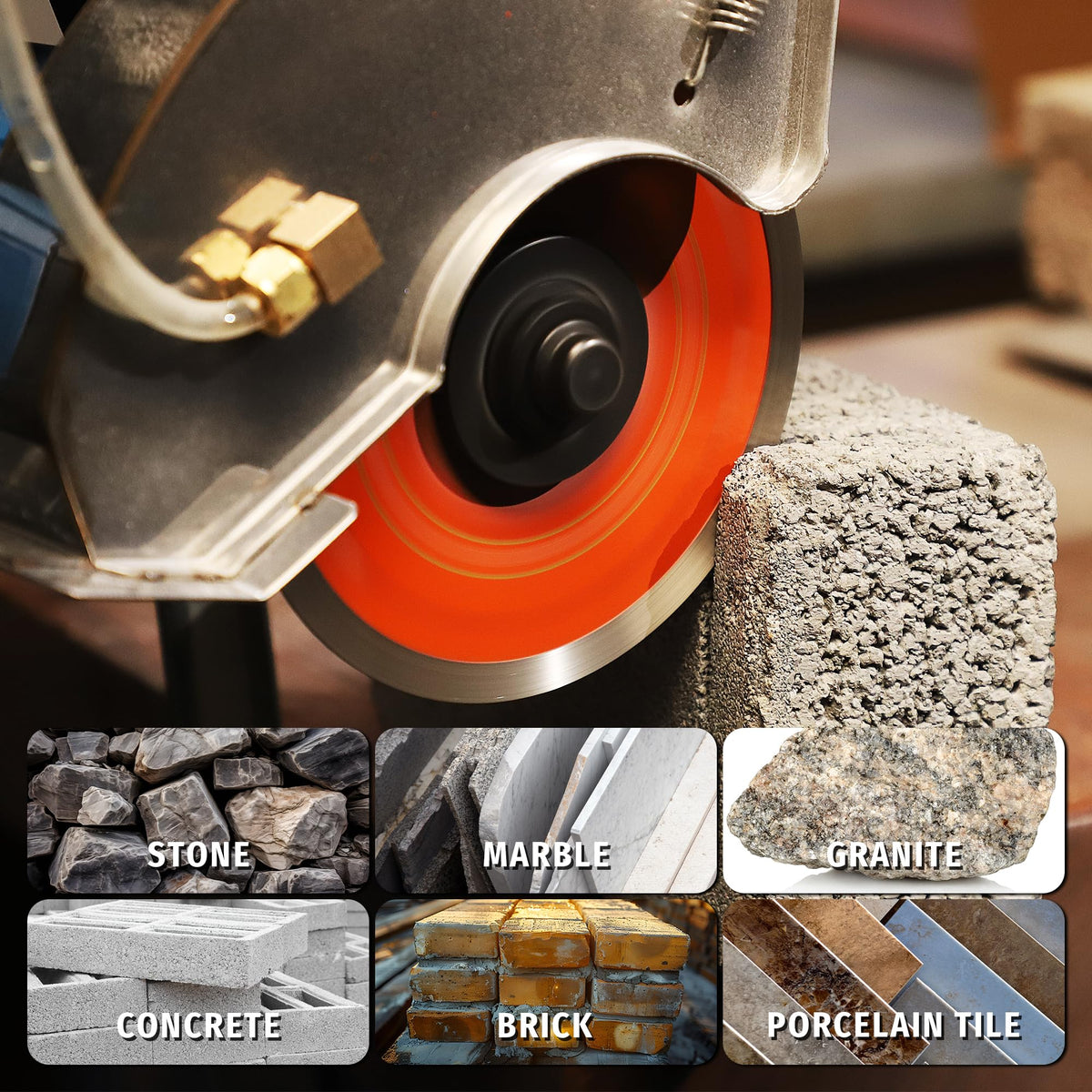Inwell segmented blade performing dry and wet cutting on stone surfaces.