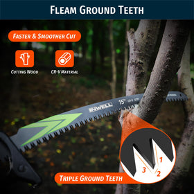 Inwell triple-ground teeth blade for smoother cuts on hardwood branches.