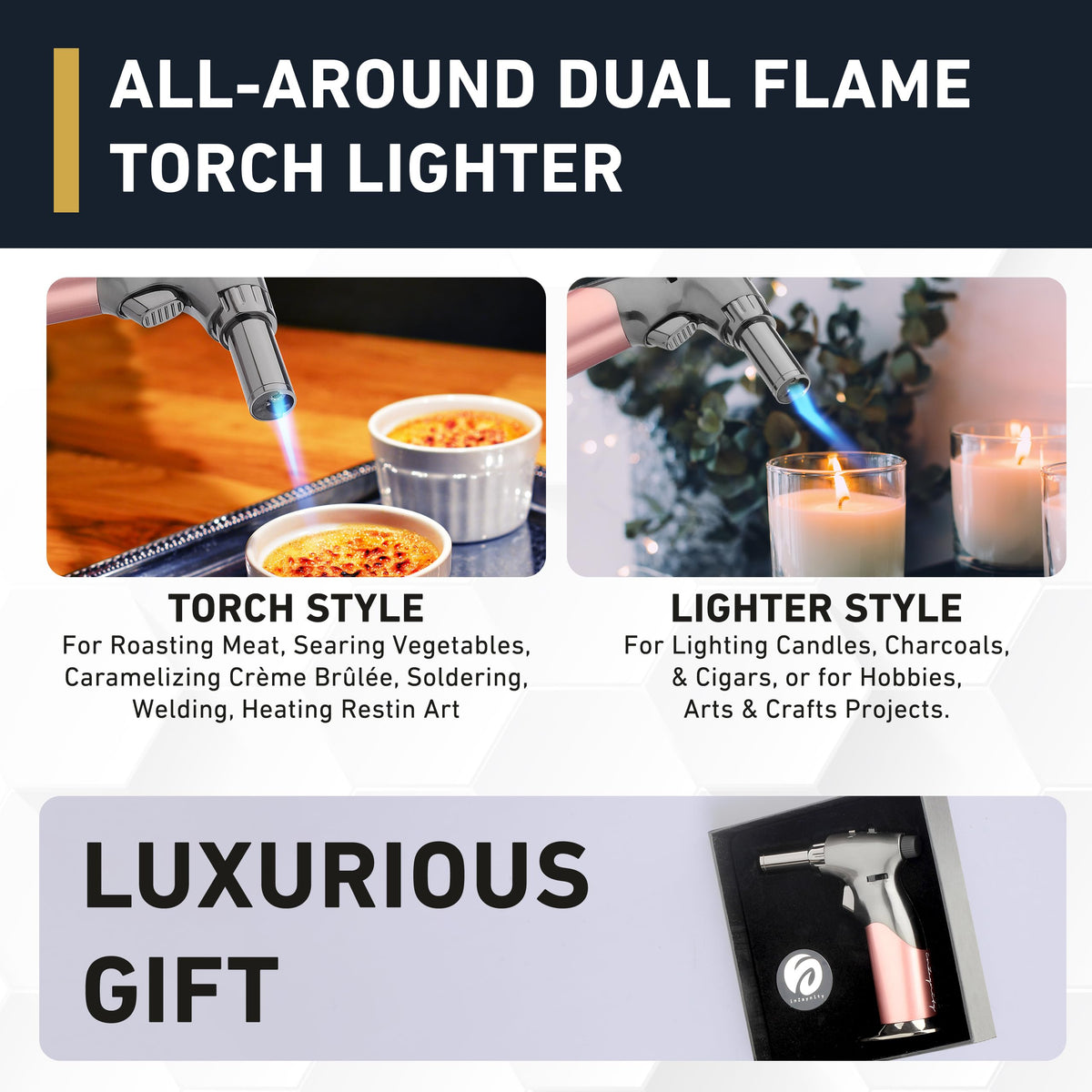 inZaynity creme brulee torch ideal for caramelizing desserts.