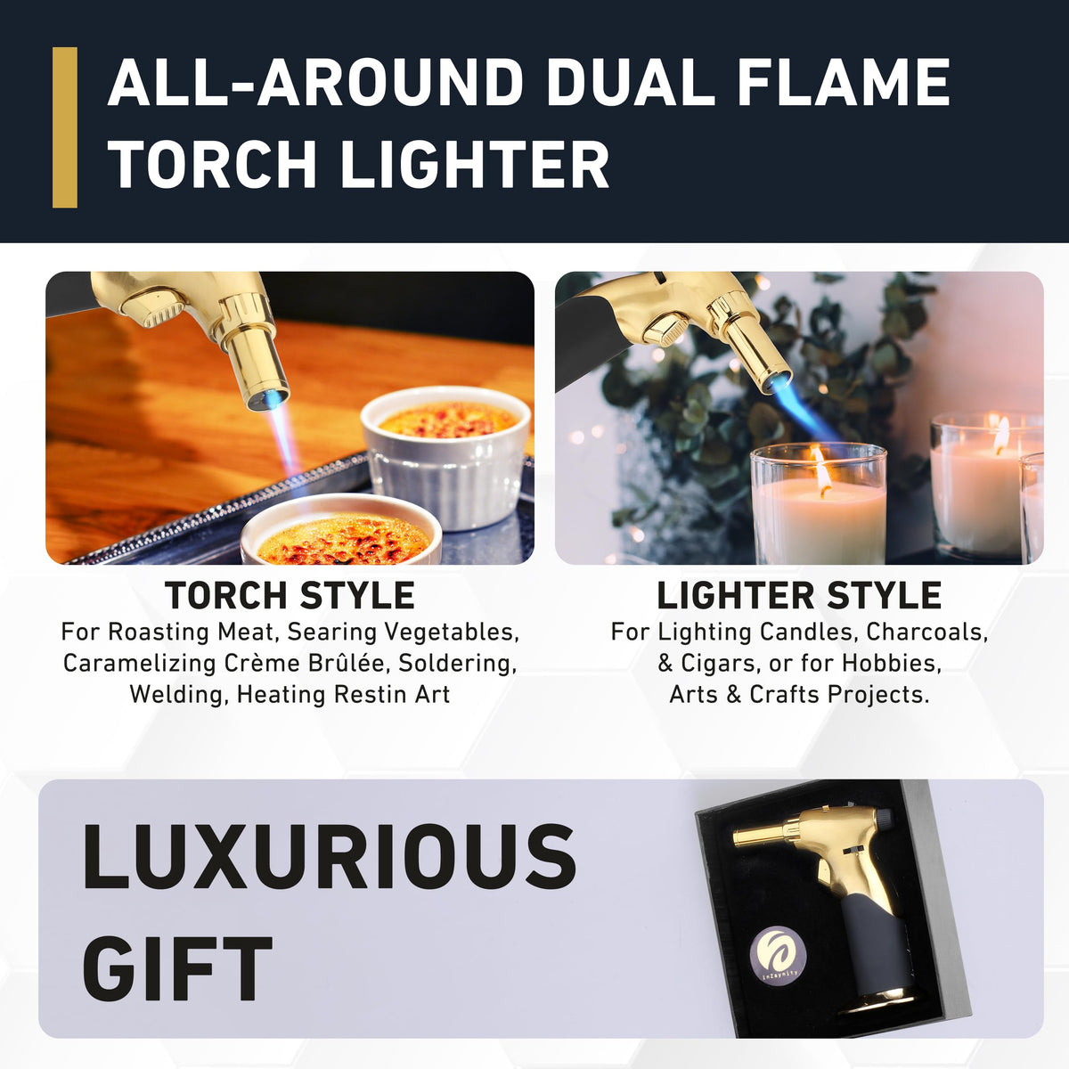 inZaynity dual flame torch gold-black control knob close-up adjustable flame
