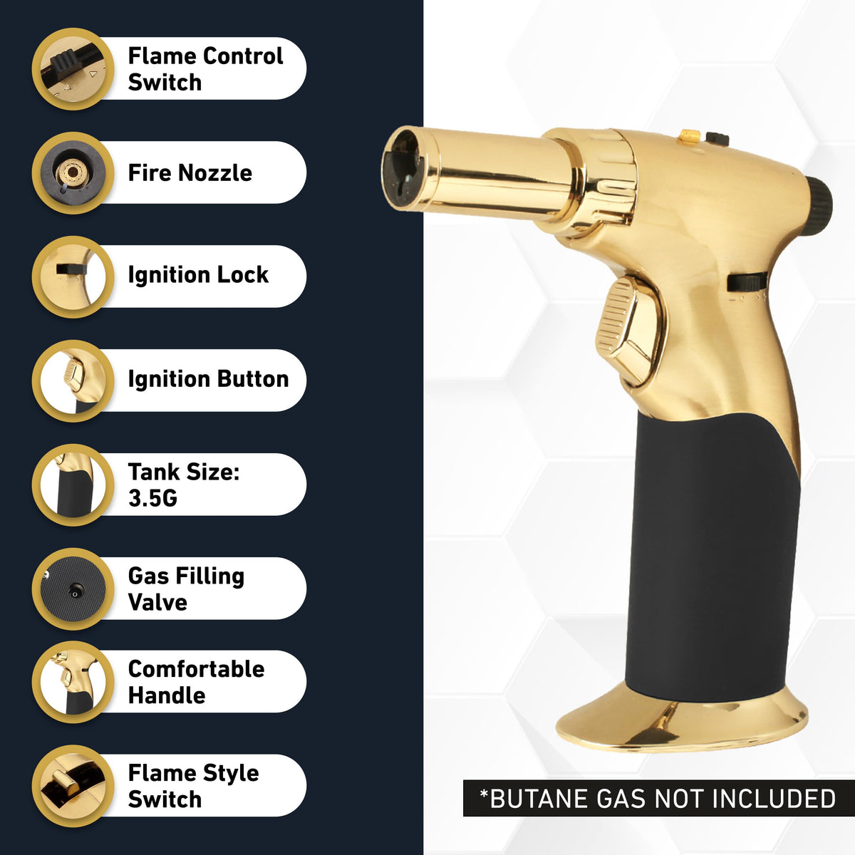 inZaynity dual flame torch gold-black in use for cooking and searing meats