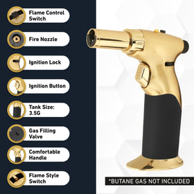 inZaynity dual flame torch gold-black in use for cooking and searing meats