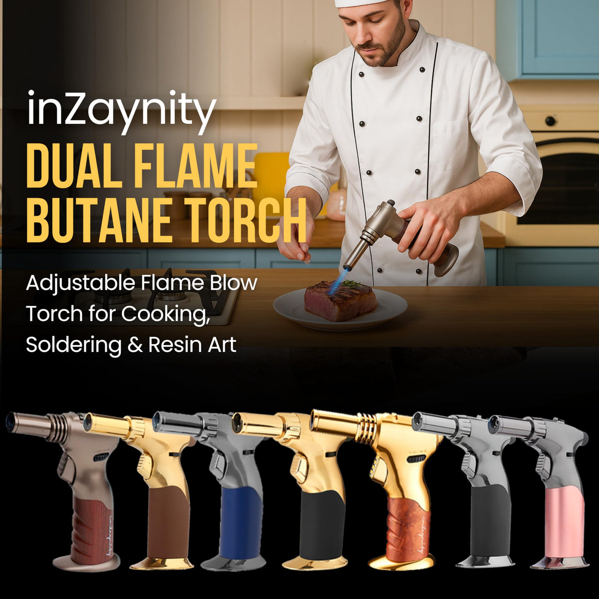 inZaynity dual flame torch gold-black resin art detailing with focused flame