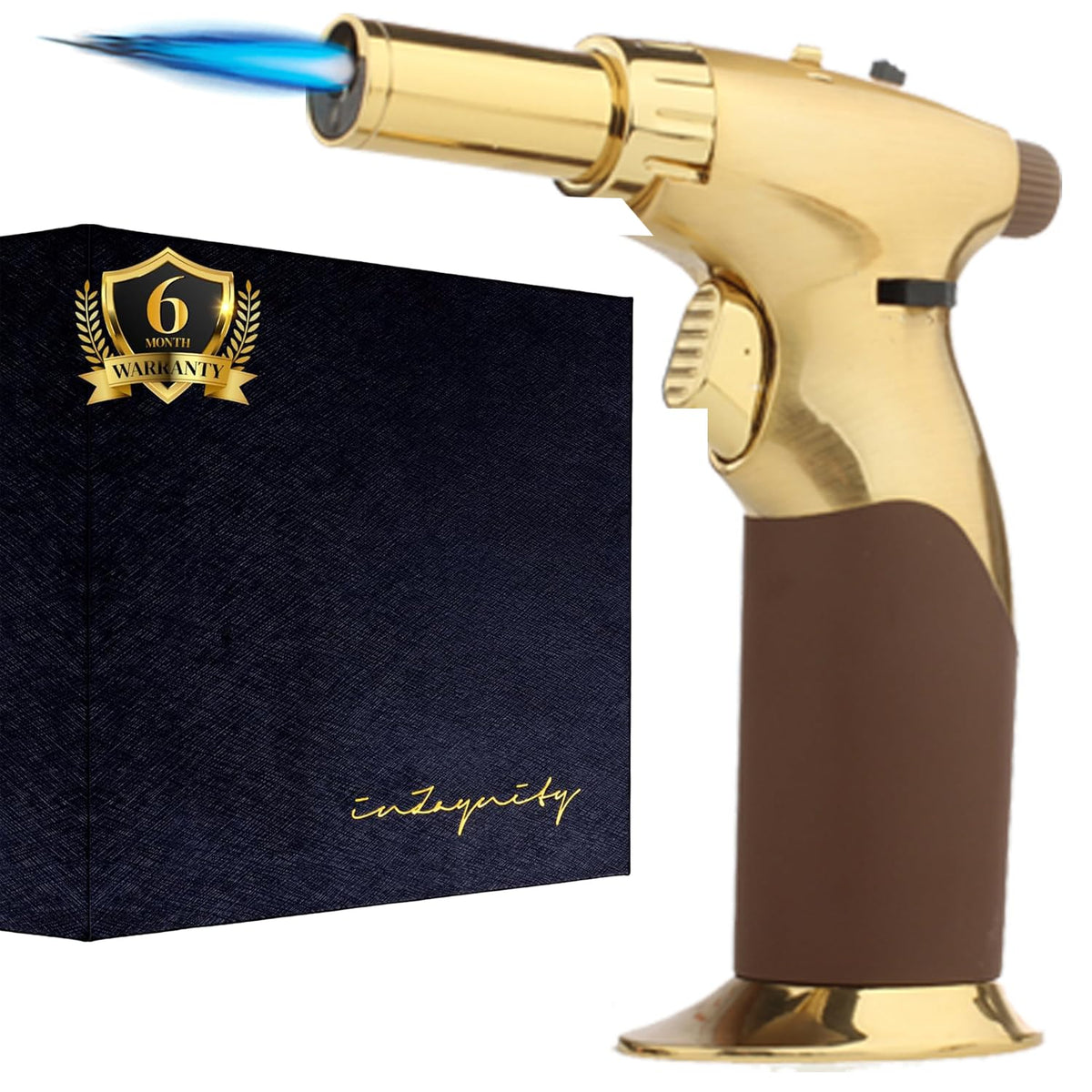 inZaynity dual flame torch gun in gold brown ready for culinary searing