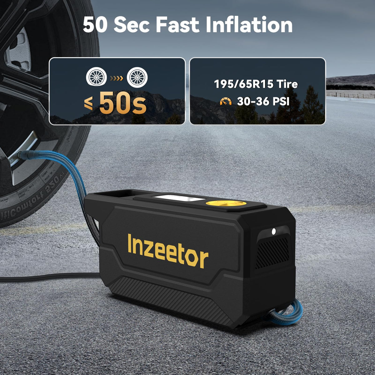 Inzeetor tire inflator auto shut-off prevents overinflation.