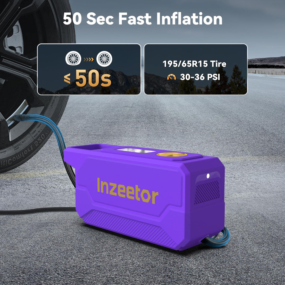 Inzeetor inflator shows extended cord and hose reach for easy access