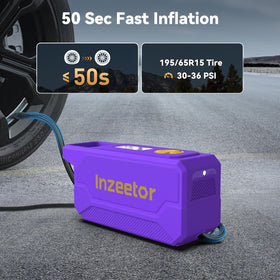 Inzeetor inflator shows extended cord and hose reach for easy access