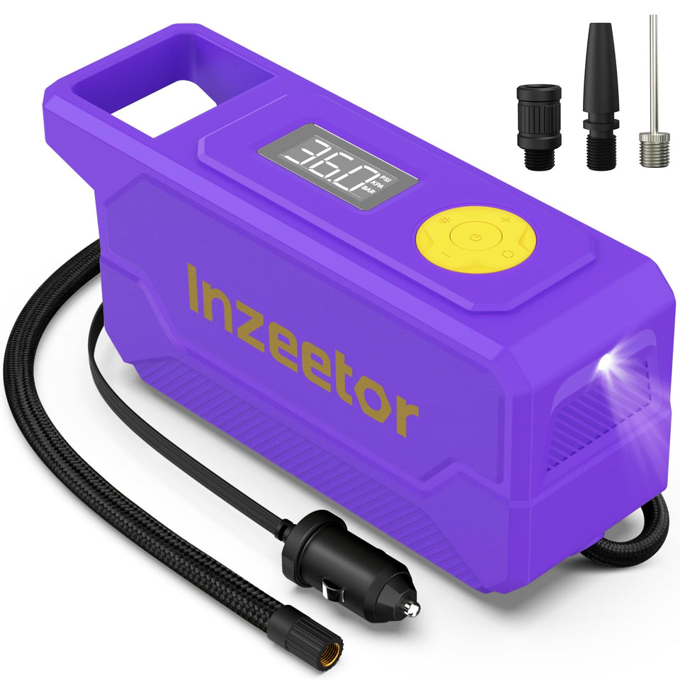 Inzeetor tire inflator with digital gauge in purple for accurate pressure readings
